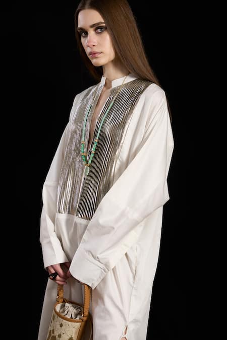 Buy_Rara Avis_White Cotton Embroidery Mandarin Collar Pleated Metallic Yoke Dress _Online_at_Aza_Fashions