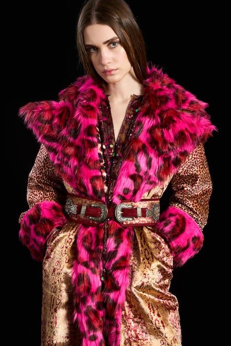 Shop_Rara Avis_Multi Color Velvet Printed Lapel Collar Faux Fur Coat _Online_at_Aza_Fashions