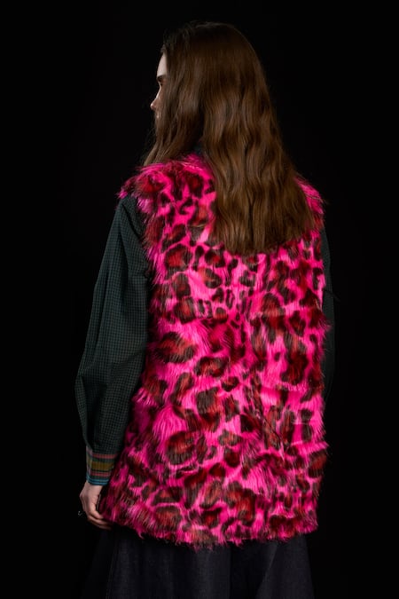 Shop_Rara Avis_Pink Polyester Printed Shawl Collar Leopard Pattern Faux Fur Vest _at_Aza_Fashions