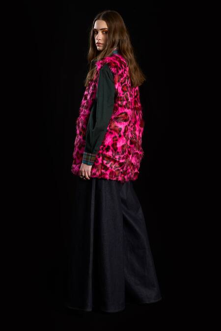 Shop_Rara Avis_Pink Polyester Printed Shawl Collar Leopard Pattern Faux Fur Vest _Online_at_Aza_Fashions