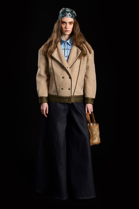 Shop_Rara Avis_Beige Viscose Lapel Collar Faux Fur Jacket _Online_at_Aza_Fashions