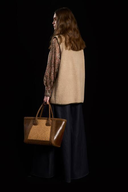Shop_Rara Avis_Beige Viscose Lapel Collar Sleeveless Faux Fur Vest _at_Aza_Fashions