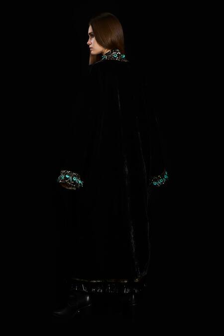 Shop_Rara Avis_Black Velvet Embroidered Dabka Open Lapel Overlay _at_Aza_Fashions