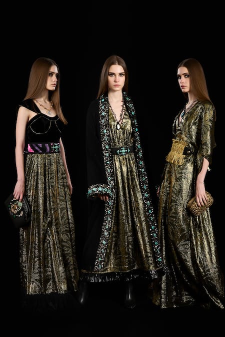 Rara Avis_Black Velvet Embroidered Dabka Open Lapel Overlay _Online_at_Aza_Fashions