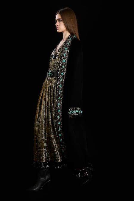 Buy_Rara Avis_Black Velvet Embroidered Dabka Open Lapel Overlay _Online_at_Aza_Fashions