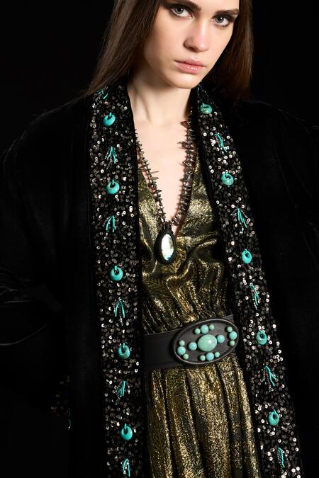 Shop_Rara Avis_Black Velvet Embroidered Dabka Open Lapel Overlay _Online_at_Aza_Fashions