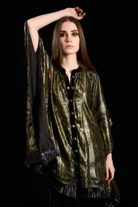 Shop_Rara Avis_Black Viscose Mandarin Collar Luxury Of Home Kaftan _Online_at_Aza_Fashions