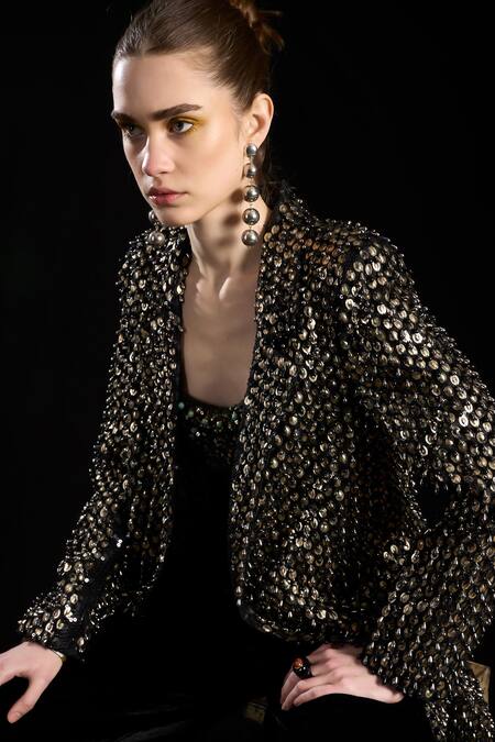 Rara Avis_Black Viscose Embroidered Dabka Sweetheart Metallic Aari Work Bralette _at_Aza_Fashions