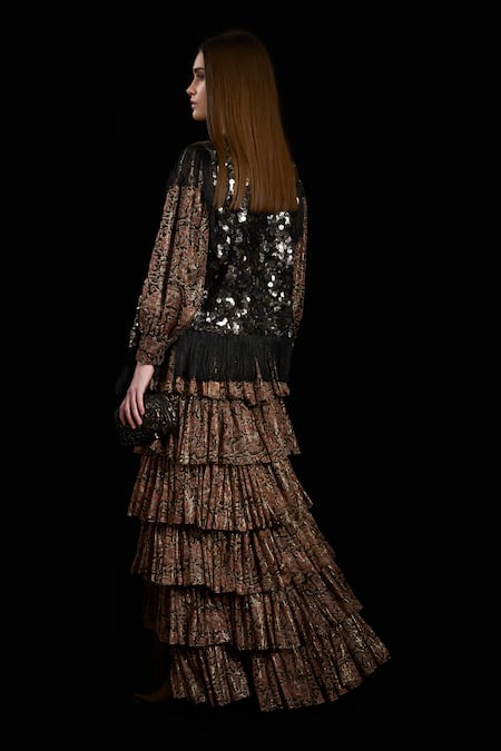 Shop_Rara Avis_Black Viscose Embroidered Dabka Shawl Collar Mongolian Sky Gilet _at_Aza_Fashions