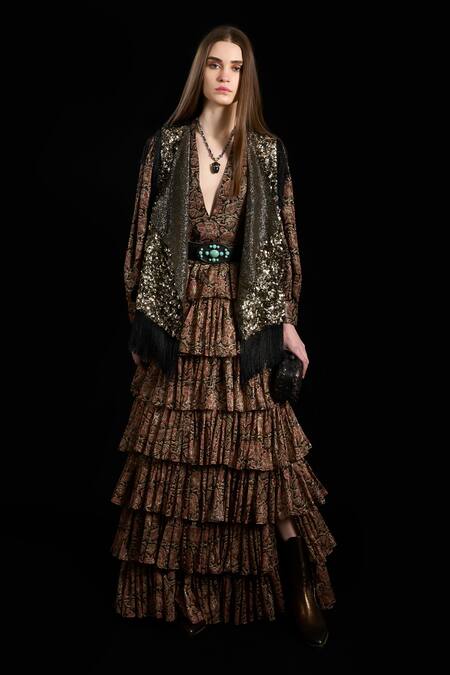 Rara Avis_Black Viscose Embroidered Dabka Shawl Collar Mongolian Sky Gilet _Online_at_Aza_Fashions