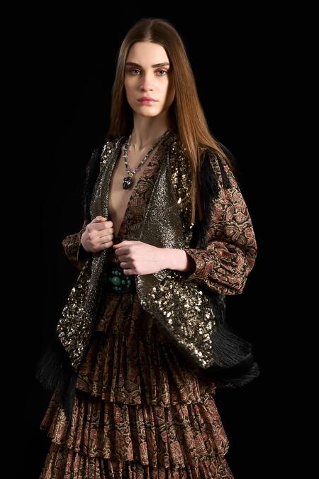 Shop_Rara Avis_Black Viscose Embroidered Dabka Shawl Collar Mongolian Sky Gilet _Online_at_Aza_Fashions