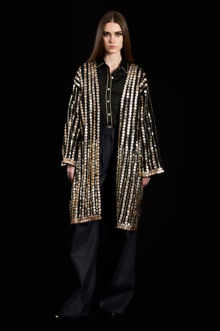 Rara Avis_Black Linen Satin Embroidered Coin Collared Jacket _Online_at_Aza_Fashions