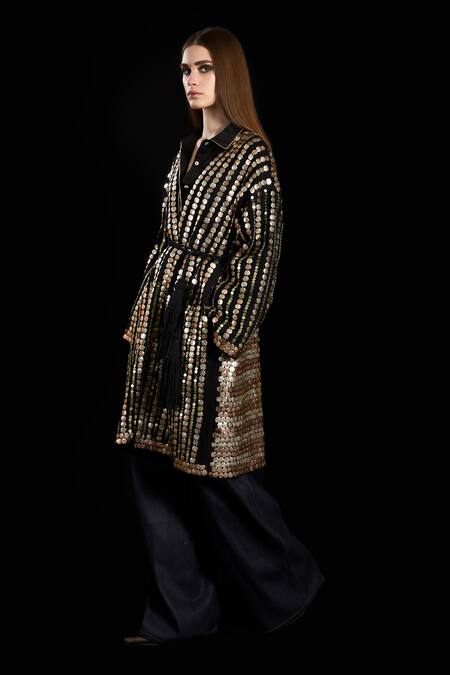Shop_Rara Avis_Black Linen Satin Embroidered Coin Collared Jacket _Online_at_Aza_Fashions