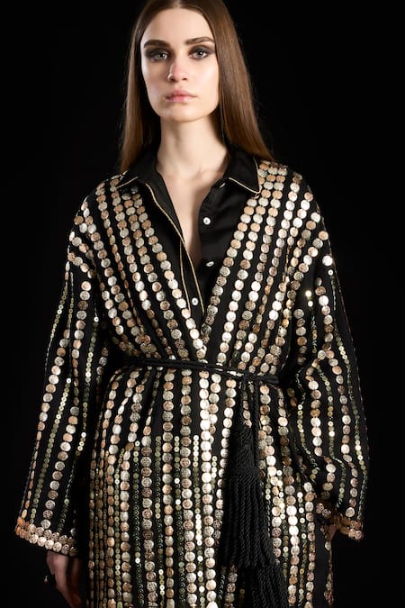 Rara Avis_Black Linen Satin Embroidered Coin Collared Jacket _at_Aza_Fashions