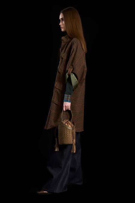 Rara Avis_Brown Wool High Collared Checkered Pattern Parka Jacket _Online_at_Aza_Fashions