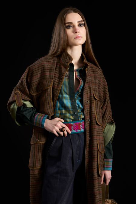 Buy_Rara Avis_Brown Wool High Collared Checkered Pattern Parka Jacket _Online_at_Aza_Fashions