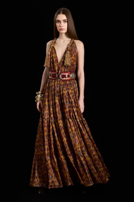 Rara Avis Brown Viscose Lurex V Neck Floral Pattern Gathered Maxi Dress Online at Aza Fashions Rara Avis_Brown Viscose Lurex V Neck Floral Pattern Gathered Maxi Dress _Online_at_Aza_Fashions