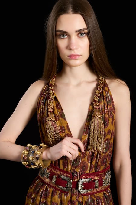 Shop Rara Avis Brown Viscose Lurex V Neck Floral Pattern Gathered Maxi Dress Online at Aza Fashions Shop_Rara Avis_Brown Viscose Lurex V Neck Floral Pattern Gathered Maxi Dress _Online_at_Aza_Fashions