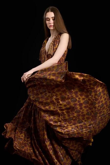 Rara Avis Brown Viscose Lurex V Neck Floral Pattern Gathered Maxi Dress at Aza Fashions Rara Avis_Brown Viscose Lurex V Neck Floral Pattern Gathered Maxi Dress _at_Aza_Fashions