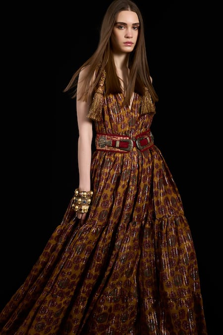 Shop Rara Avis Brown Viscose Lurex V Neck Floral Pattern Gathered Maxi Dress Shop_Rara Avis_Brown Viscose Lurex V Neck Floral Pattern Gathered Maxi Dress