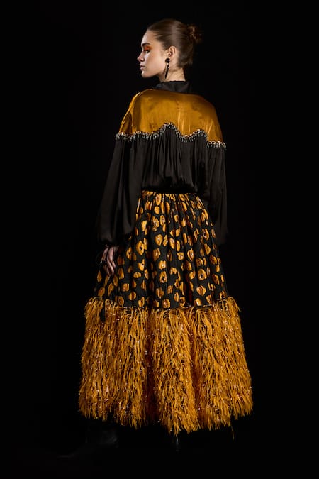 Shop_Rara Avis_Black Polyester Print Abstract Flared Skirt _at_Aza_Fashions