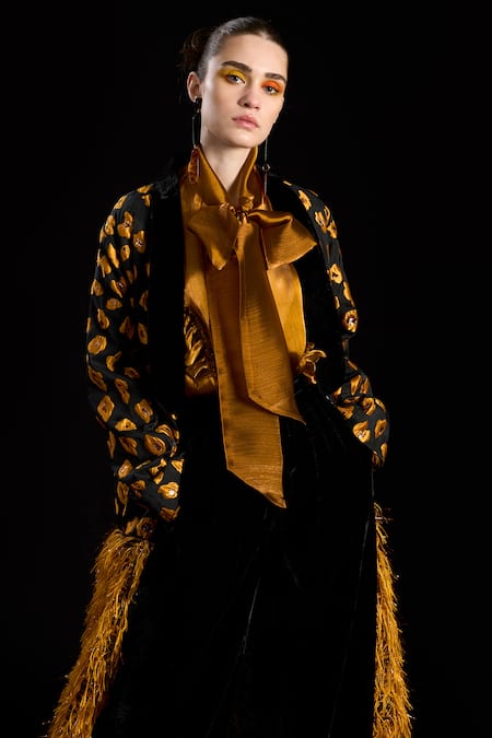 Shop_Rara Avis_Black Polyester Print Abstract Open Woven Long Jacket _Online_at_Aza_Fashions