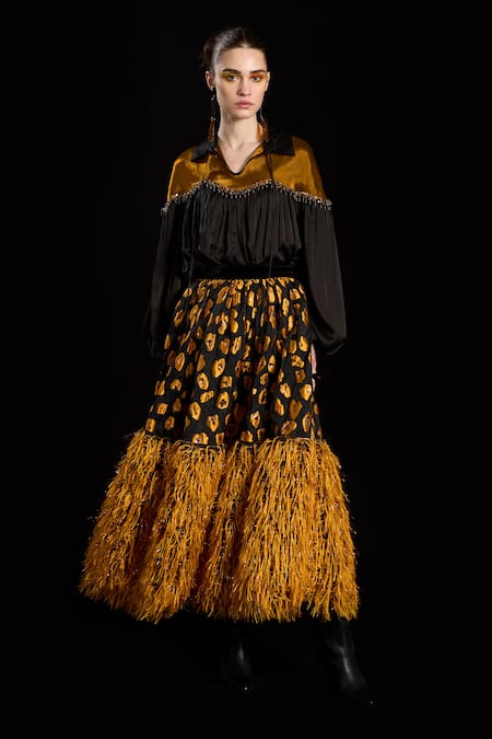 Rara Avis_Black Silk Embroidery Dabka Collar Gathered Blouse _Online_at_Aza_Fashions