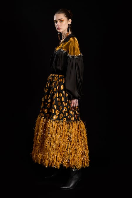 Buy_Rara Avis_Black Silk Embroidery Dabka Collar Gathered Blouse _Online_at_Aza_Fashions