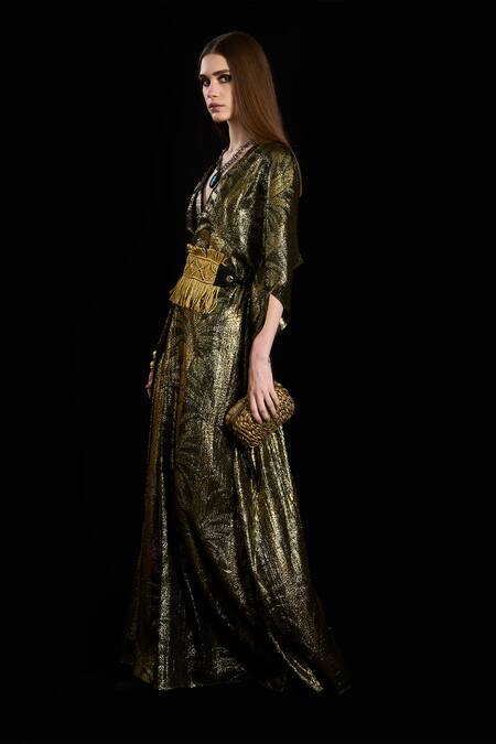 Rara Avis_Black Viscose Fringe V-neck The Silk Route Kaftan With Hand Woven Belt _Online_at_Aza_Fashions