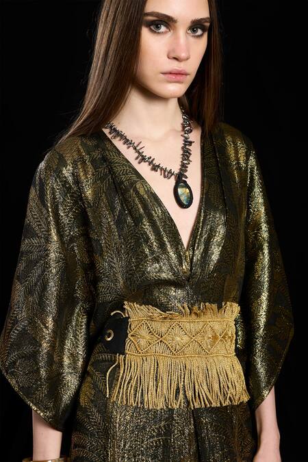 Buy_Rara Avis_Black Viscose Fringe V-neck The Silk Route Kaftan With Hand Woven Belt _Online_at_Aza_Fashions
