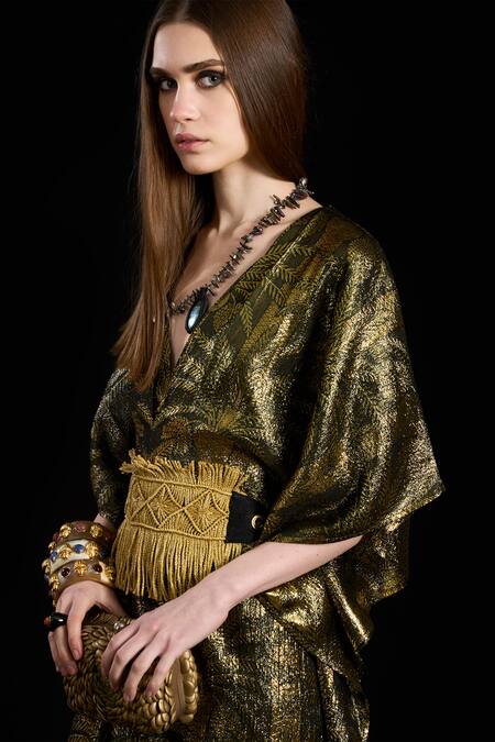 Shop_Rara Avis_Black Viscose Fringe V-neck The Silk Route Kaftan With Hand Woven Belt _Online_at_Aza_Fashions