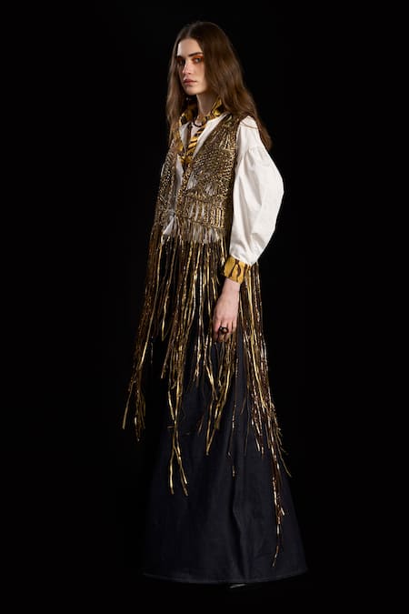 Buy_Rara Avis_Gold Polyester Woven Geometric Pattern Hand Jacket _Online_at_Aza_Fashions