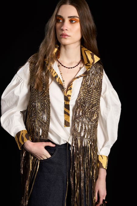 Shop_Rara Avis_Gold Polyester Woven Geometric Pattern Hand Jacket _Online_at_Aza_Fashions