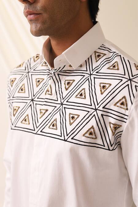Seven_White Cotton Embroidery Kaleidoscope Abstract Motif Shirt_Online_at_Aza_Fashions