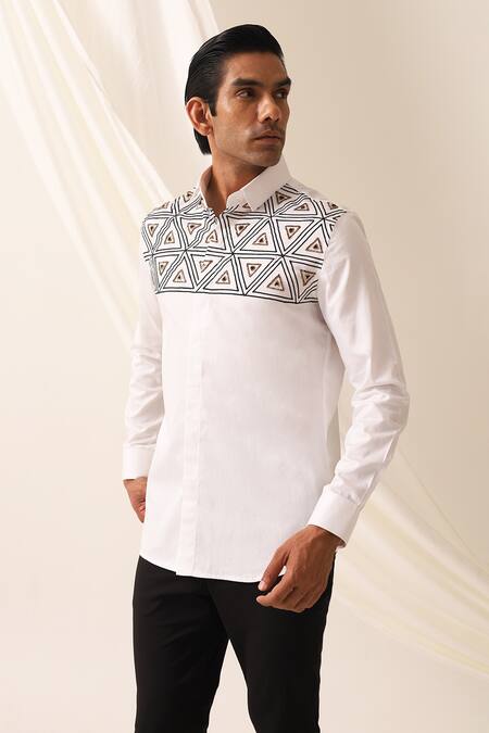 Buy_Seven_White Cotton Embroidery Kaleidoscope Abstract Motif Shirt_Online_at_Aza_Fashions
