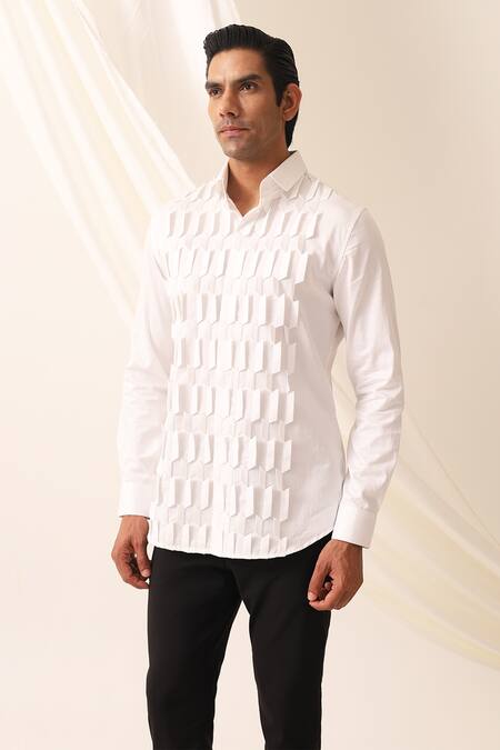 Seven_White Cotton Maximalist Textured Button Down Shirt_Online_at_Aza_Fashions