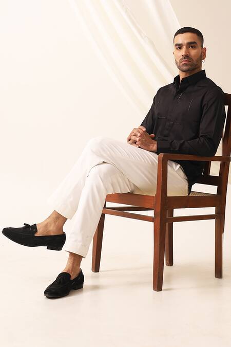 Shop_Seven_Black Cotton Embroidered Thread Maze Shirt _at_Aza_Fashions