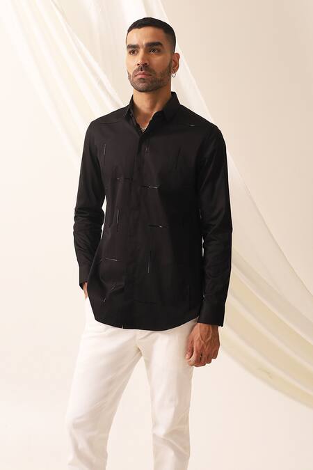 Seven_Black Cotton Embroidered Thread Maze Shirt _Online_at_Aza_Fashions