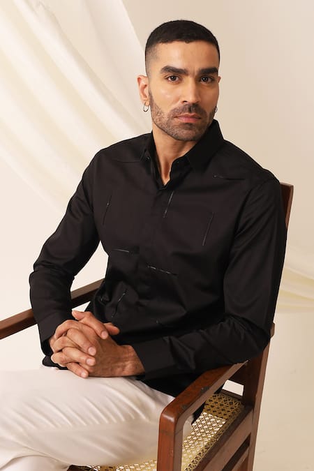 Buy_Seven_Black Cotton Embroidered Thread Maze Shirt _Online_at_Aza_Fashions