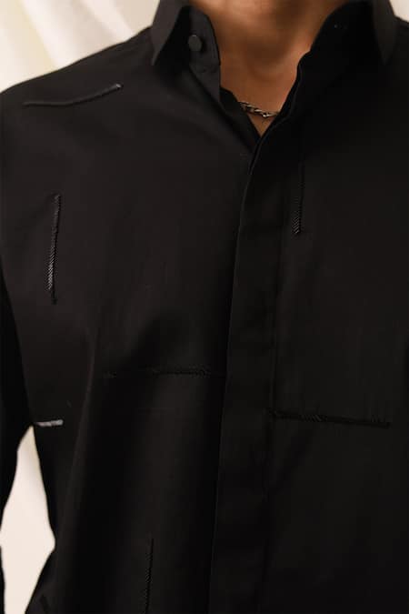 Shop_Seven_Black Cotton Embroidered Thread Maze Shirt _Online_at_Aza_Fashions