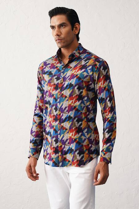Seven_Multi Color Cotton Houndstooth Print Shirt_Online_at_Aza_Fashions