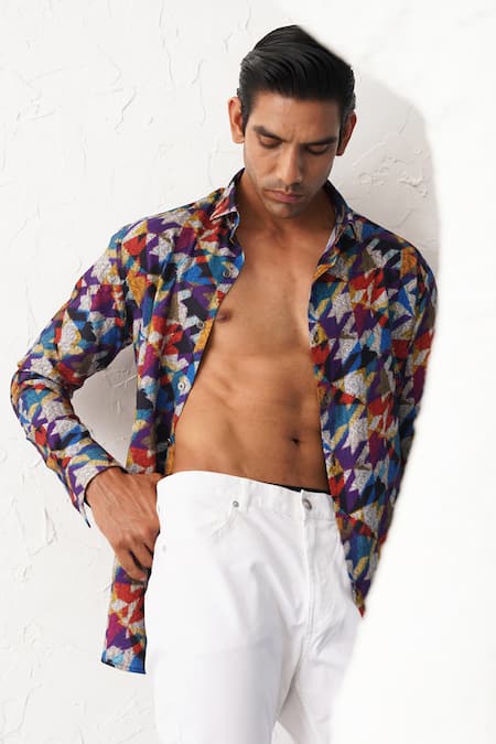 Seven_Multi Color Cotton Houndstooth Print Shirt_at_Aza_Fashions
