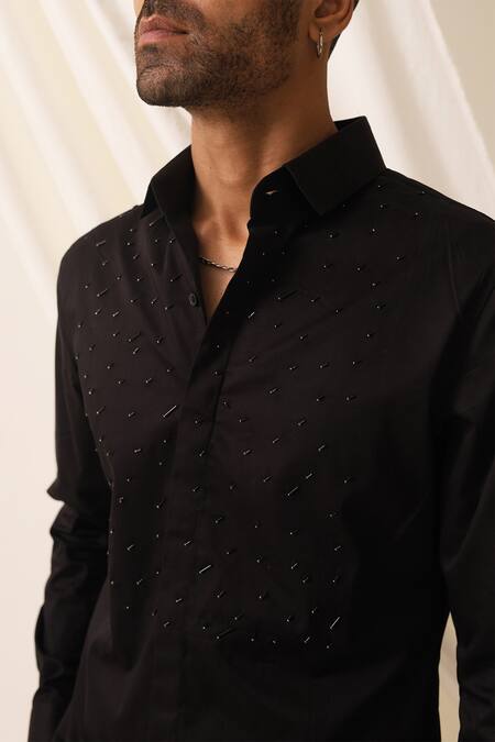 Shop_Seven_Black Cotton Beads Meteor Embroidered Shirt_Online_at_Aza_Fashions