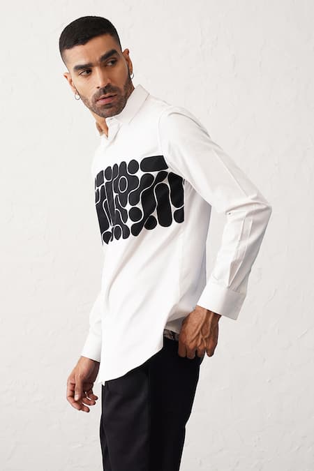 Buy_Seven_White Cotton Molecule Graphic Patchwork Shirt_Online_at_Aza_Fashions