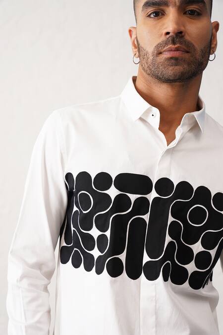 Shop_Seven_White Cotton Molecule Graphic Patchwork Shirt_Online_at_Aza_Fashions