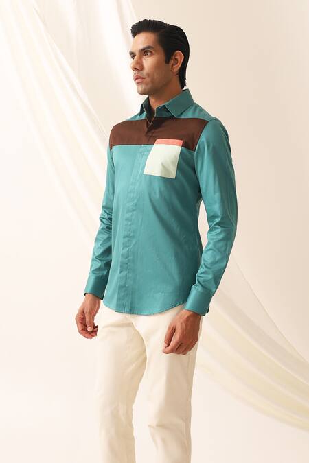 Seven_Green Cotton Ocean Color Block Pattern Shirt_Online_at_Aza_Fashions
