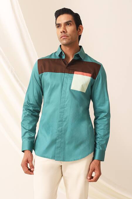 Buy_Seven_Green Cotton Ocean Color Block Pattern Shirt_Online_at_Aza_Fashions