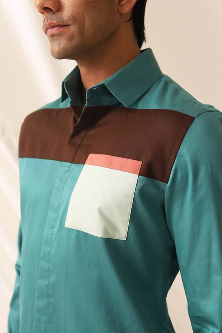 Shop_Seven_Green Cotton Ocean Color Block Pattern Shirt_Online_at_Aza_Fashions