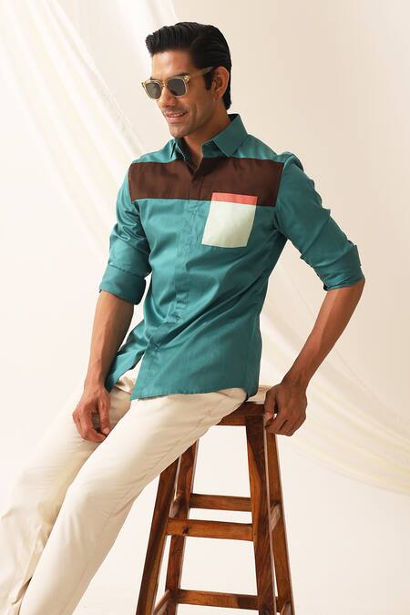 Seven_Green Cotton Ocean Color Block Pattern Shirt_at_Aza_Fashions