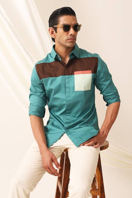 Buy_Seven_Green Cotton Ocean Color Block Pattern Shirt
